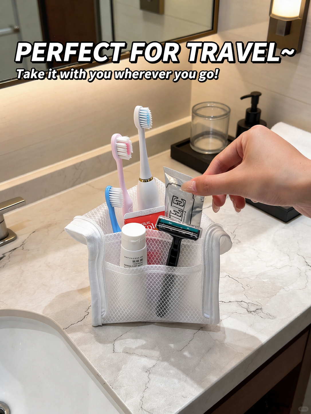 Portable travel toiletry bag.