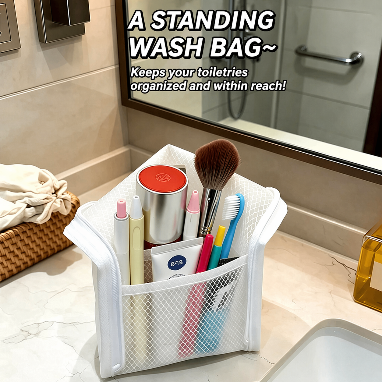 Portable travel toiletry bag.