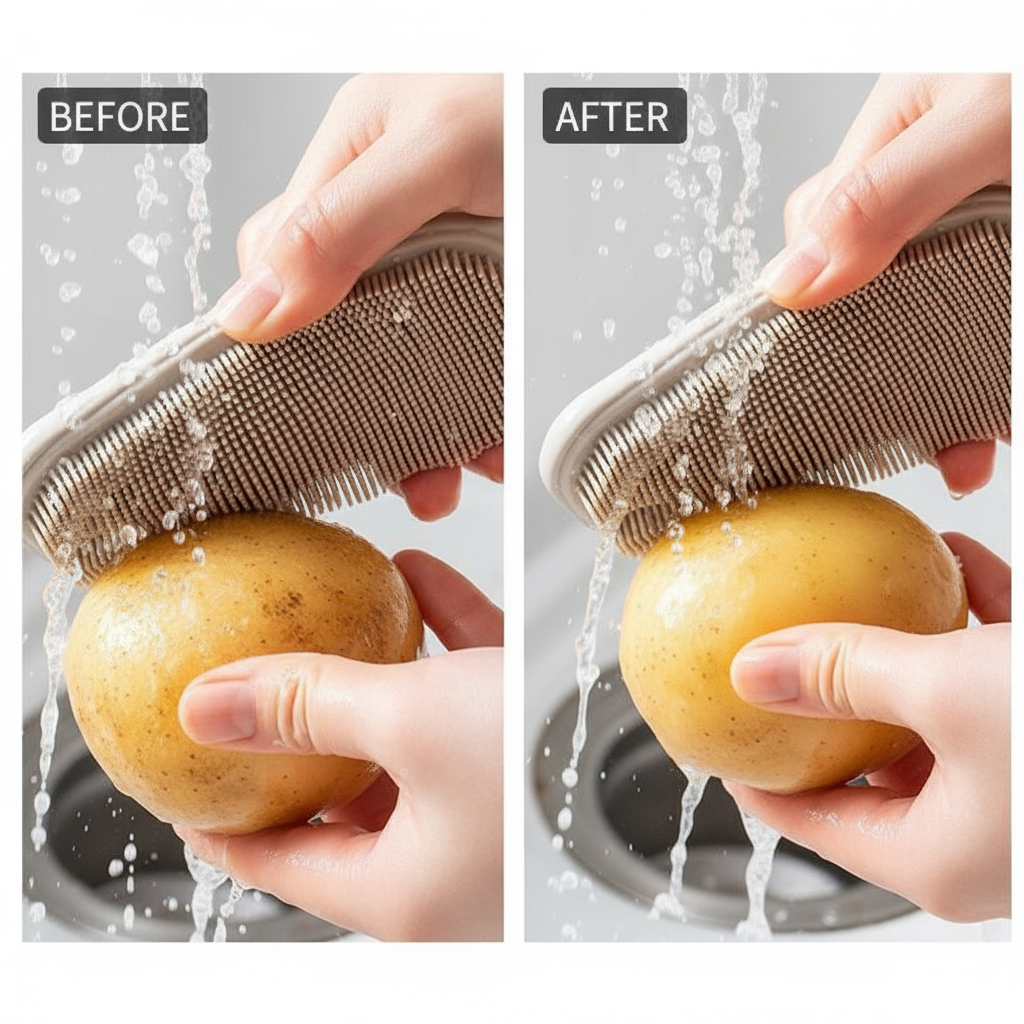 Multifunctional fruit and vegetable brush.