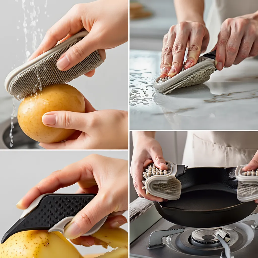 Multifunctional fruit and vegetable brush.